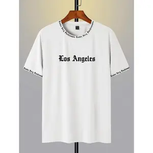 Los Angeles Letter Slogan Short Sleeve Round Neck T-Shirt for Men & Women Summer Casual Streetwear Top Ideal for Sports & Daily Wear Hem Stretch Tshirt Crewneck Wetsuit Fabric Menswear Stretch Tshirt Crewneck Wetsuit Operator