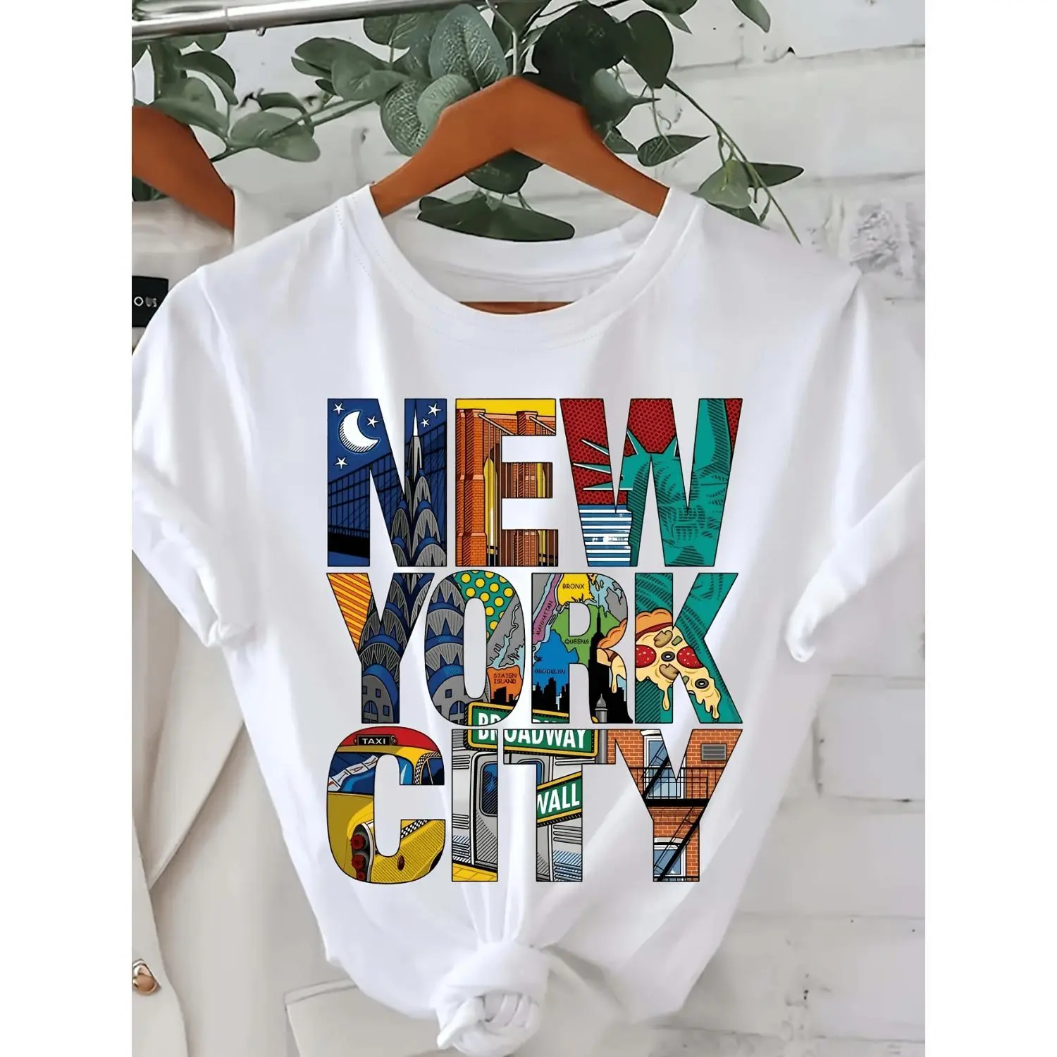 Women's Light Colored Fitted Crew Neck Short Sleeve T-Shirt - Casual Streetwear Top with NYC Graphic Skyline, Geometric Map Print, Machine Washable Urban Navigation Tee