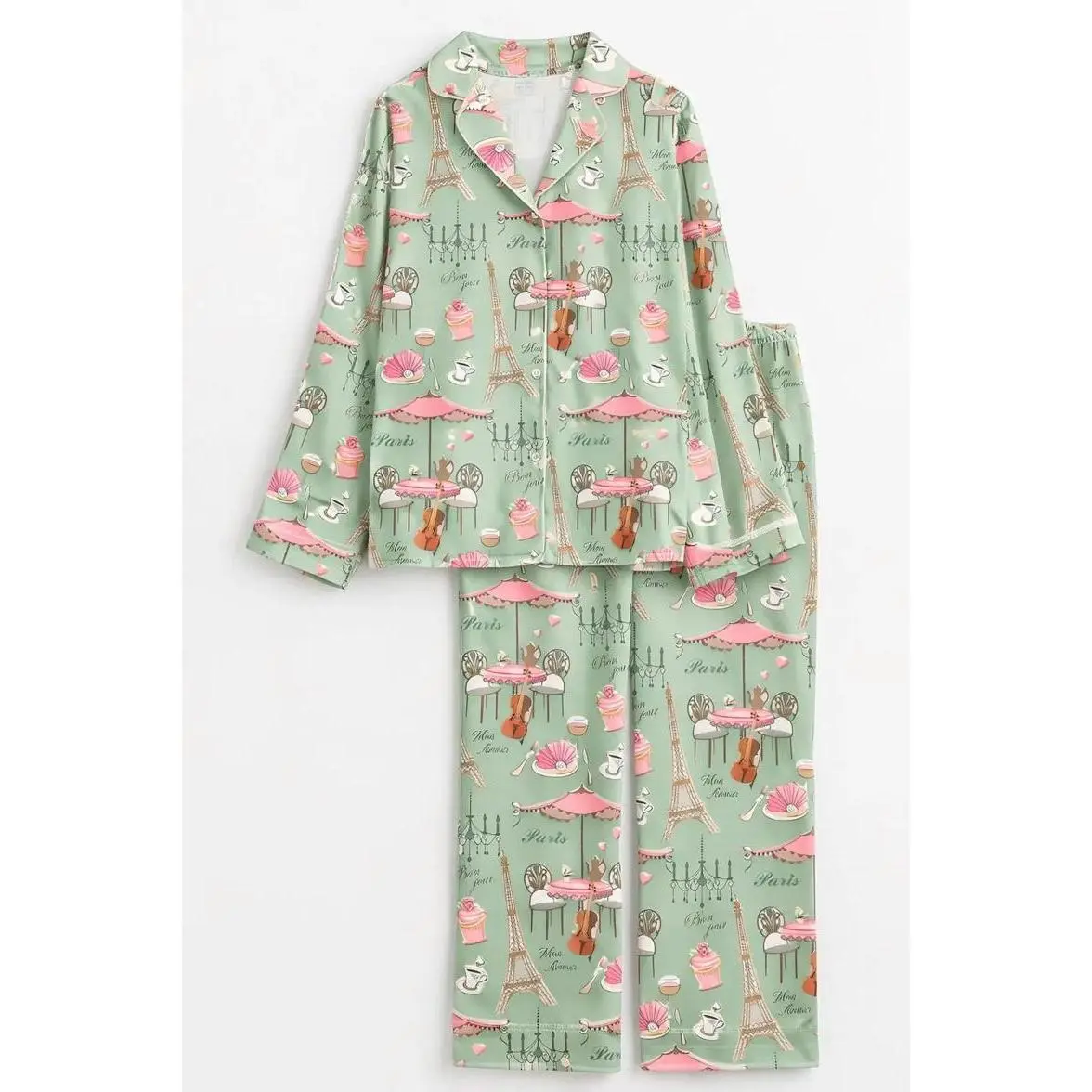 Pink or Green Color(Note) Women’s Bonjour Paris Eiffel Tower Travel To France Sister Party Coffee Long Sleeve Satin Pajama Set, Wardrobe Staple, For Any Season, Cozy Fit, Perfect for Any Season