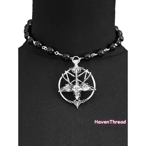 Hip Hop Pentagram Skull Round Goat Head Choker, Vintage Choker with Pendant, Skull Round Goat Head Necklace for Women, Punk Streetwear Goth for Party, Gothic Cross, Chain