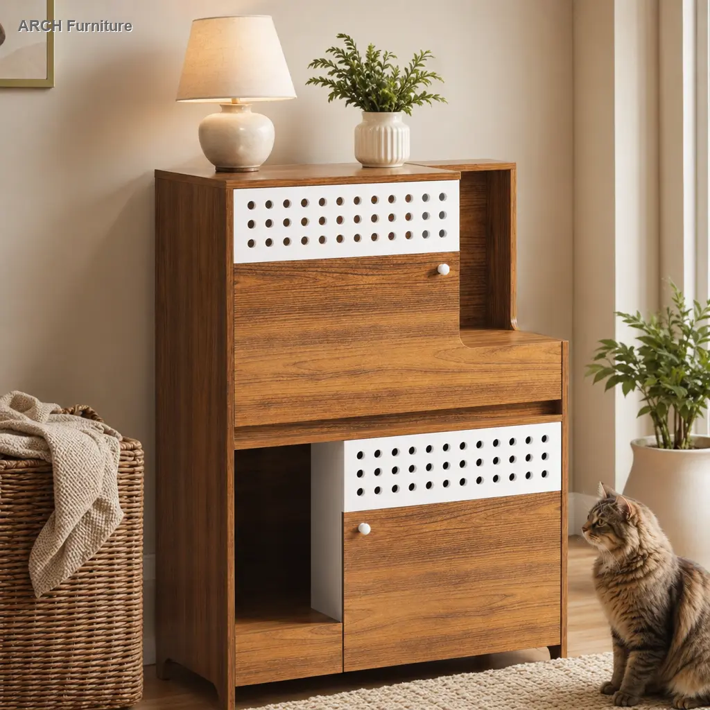 Brown 2-in-1 Cat Litter Box Enclosure Side Table (Particle Board/MDF), 44.89"l x 31.50"w x 15.76"h, 59.30 lbs, Storage Shelves, Perforated Vents for Odor Control, Easy Assembly, Easy Maintenance, Material & Durability, Suitable for 2 Small-Medium Cats