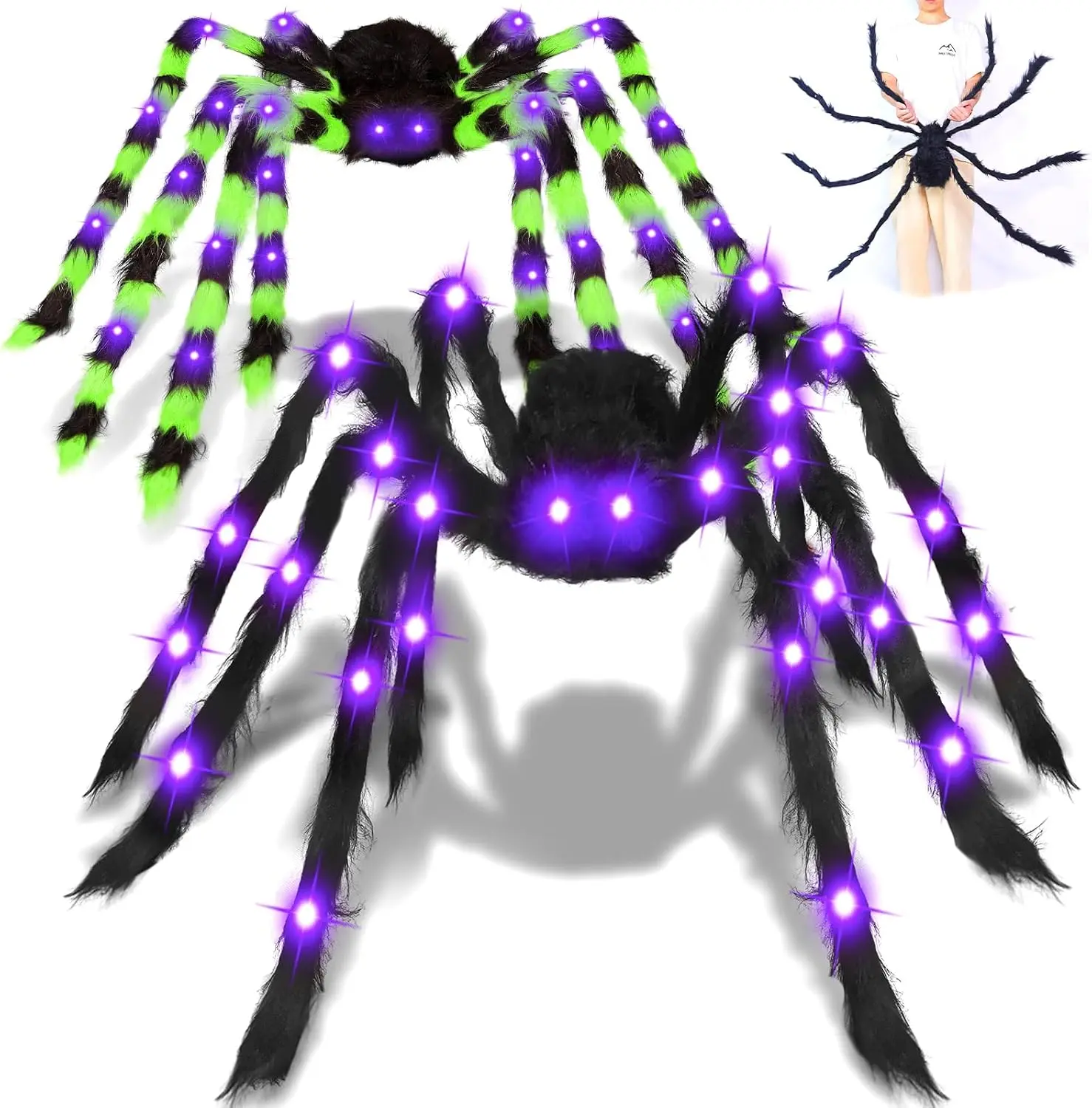2 Pack 5 Ft Giant Light Up Spider Halloween Decorations Outdoor | 52 Purple LEDs, Black & Dual-Color Fake Spider, Indoor/Outside, Scary Haunted House Prop/Party Decor