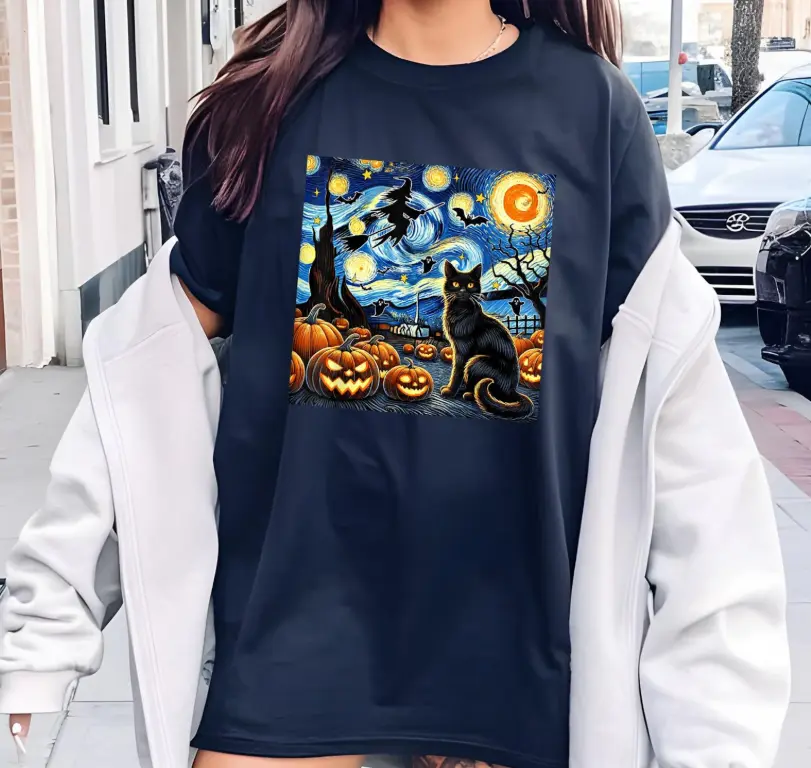 Black Cat Van Gogh Starry Night Halloween Shirt, Halloween Ghost Tshirt
