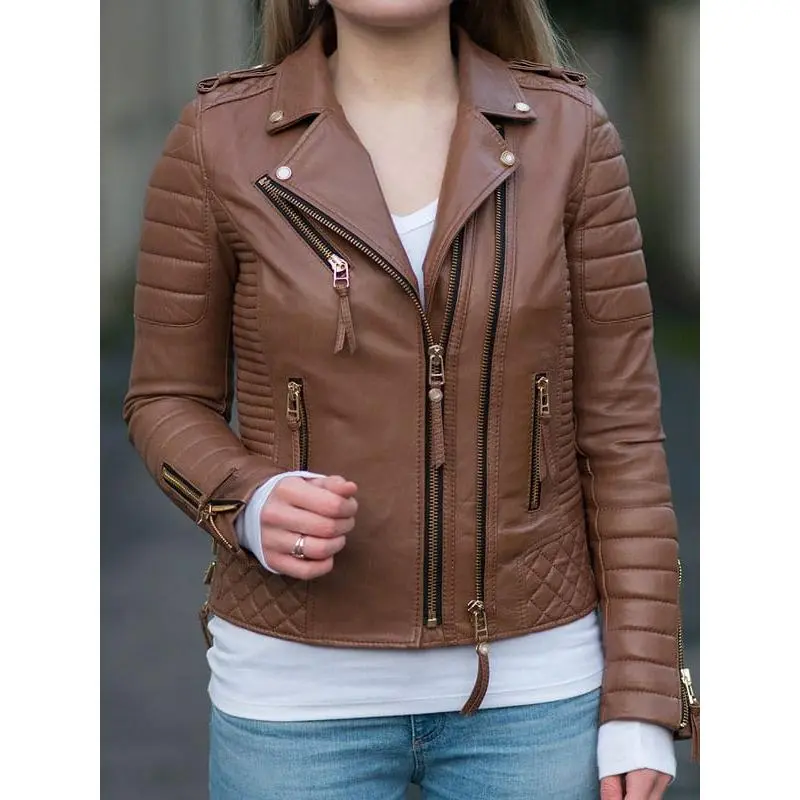 Women's Boda Style Quilted Leather Biker Jacket Brown