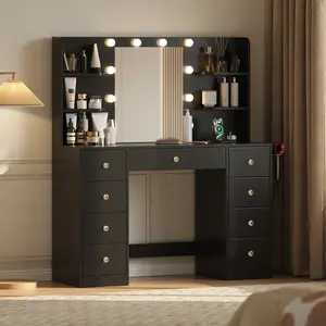 [Summervibes] Must-Have Vanity Desk with Mirror Lights | 9 Drawers, 6 Shelves & Power Outlet - 3 Color Modes 10 LED Bulbs Dressing Table, Perfect Gift for Daughter, Wife & Mom