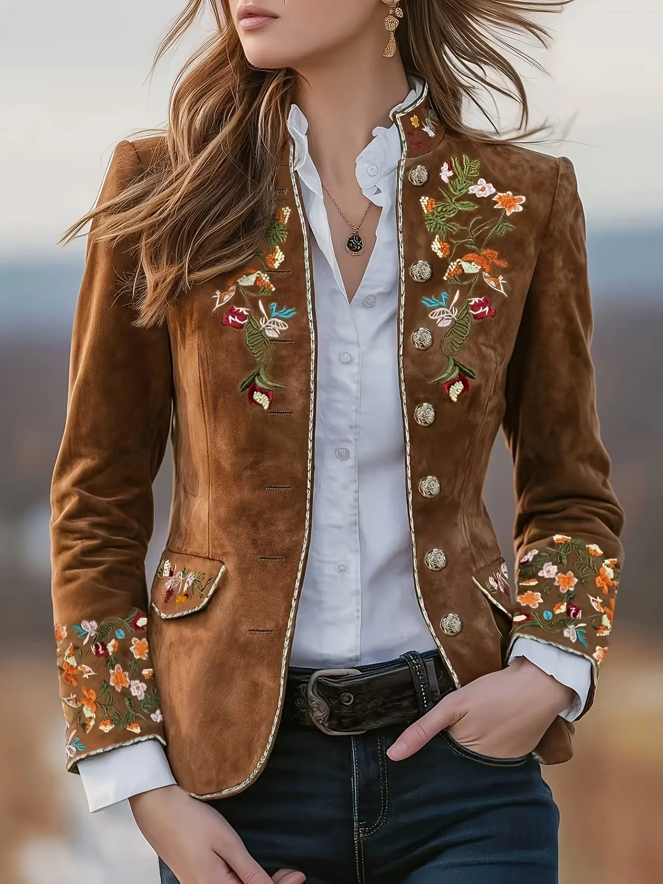 Elegant Stand Collar Floral Embroidered Jacket, Vintage Style Slim Lightweight Outerwear, Perfect for Casual Wear & Special Occasions