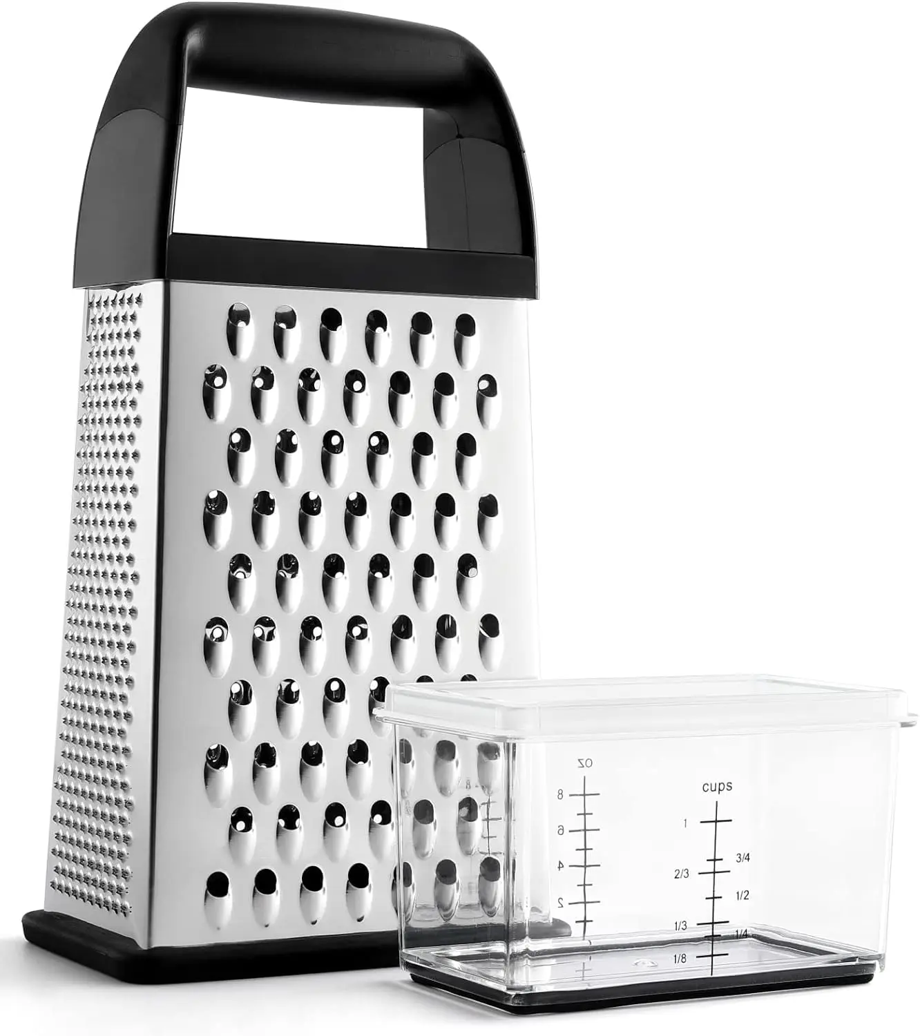 4-Sided Stainless Steel Box Grater with Measuring Container, Multi-Function Cheese Grater & Vegetable Shredder, Dishwasher-Safe Kitchen Tool, Food Prep Gadget, Slicing & Shredding Tool for Home Cooking