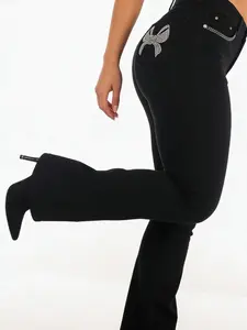 Dark Wash Forbidden Ankle Biter Jeans Women's Denim Flare with Bowknot & Butterfly Print Fall Clothes Pocket Rhinestone Patch Bowknot Stylish Design Micro Stretch Comfortable Fit - Casual, Womenswear