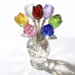 Elegant Crystal Rose Figurine with Gift Box – 7 Colorful K9 Glass Roses Floral Sculpture, Handmade Everlasting Flower Decor, Romantic Gift for Valentine’s Day, Mother’s Day, Wedding, Anniversary