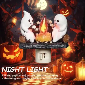 Ghost Campfire Night Light,2025 Ghost Campfire Flickering Nightlight, 3D LED Small Faux Campfire Night Light, Funny Halloween Nightlight Indoor Decorations