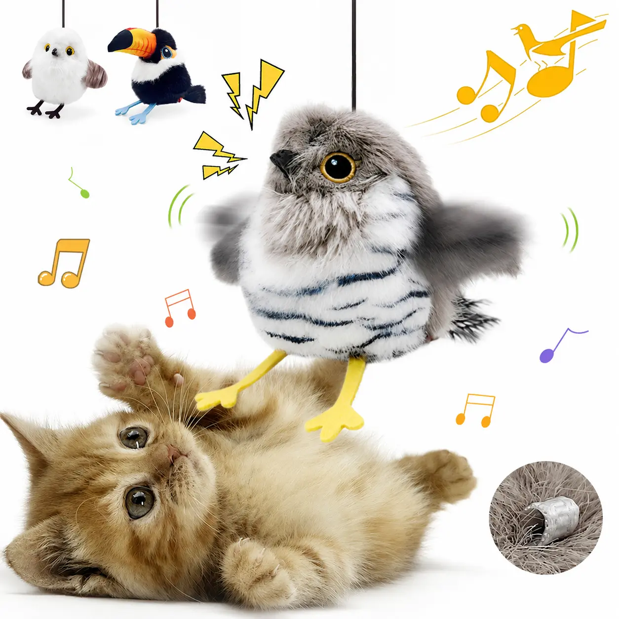Interactive Flapping Bird Cat Toy, Touch-Activated Chirping Plush Bird with Wobbling Motion, Realistic Feathered Pet Toy for Indoor Cats, Helps Encourage Exercise, Pouncing and Independent Play