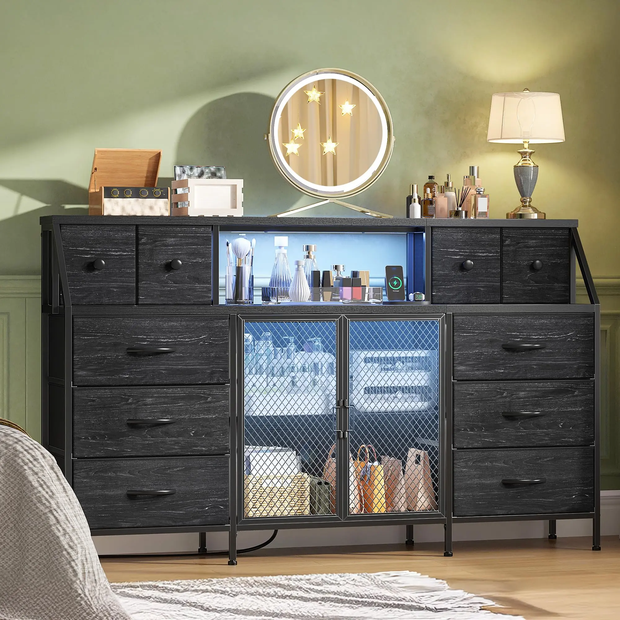 RaybeeFurniture Sturdy 10-Drawer LED Fabric Drawer Chest - Modern Dresser with Metal Frame, Mesh Doors, Power Outlets, Multi-Functional Makeup Organizer, 65" TV Console for Bedroom