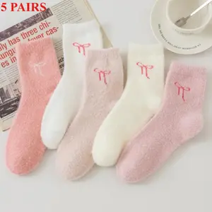 5 Pairs Women's Winter Socks Fuzzy Fluffy Soft Slipper Socks Womenswear Warm Cozy Casual Comfy Plush Thick Crew Socks for Spa Home Sleeping Knot Bow Tie Socks Christmas Gifts for Women Girls Pink and White 5 Pack Socks