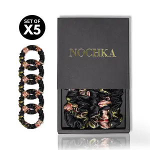 NOCHKA 100% Pure Mulberry Silk Scrunchie printed (Set of 5) for Luxurious Hair Care and Stunning Results - Premium Frizz Prevention Scrunchie Set for All Hair Types - Handmade in USA