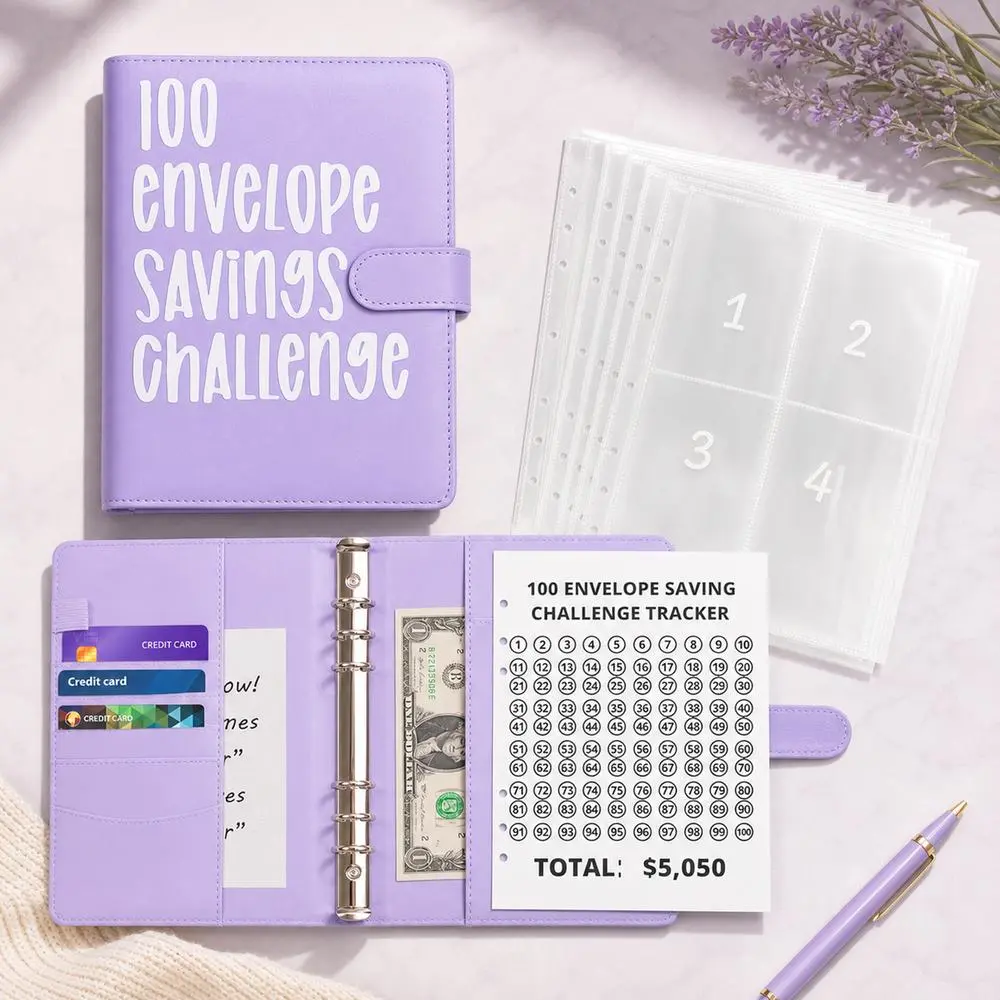 100 envelopes monthly fixed amount savings challenge, set monthly sum budget binder, lock monthly saving amount limits with cash slot notebook, achieve $5,050 monthly fixed amount savings benchmark (purple).