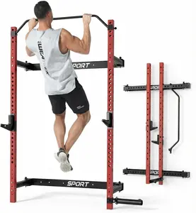 Folding Squat Rack Wall Mounted, 1000LBS Foldable Squat Rack for Home Gym and Garage, 2.4x2.4in Thick Steel with Pull Up Bar, J Hooks & Landmine Attachments, Space Saving Home Gym Power Cage