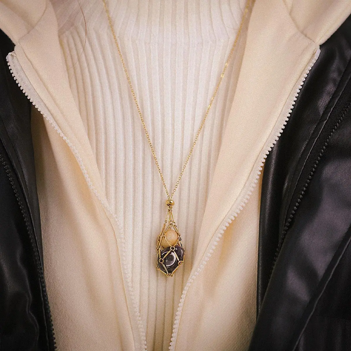 Stainless Steel Bamboo Joint Woven Mesh Pocket Pendant Necklace For Women Fashion Women Street Photography Necklace Jewelry