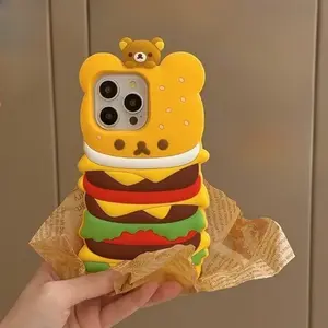 New Cartoon 3D Fun Burger Rilakkuma Silicone Phone Case For iPhone 12 13 14 15 16 Pro Max 14 15 Plus Shockproof Protective Cover Decorative Smartphone Protector