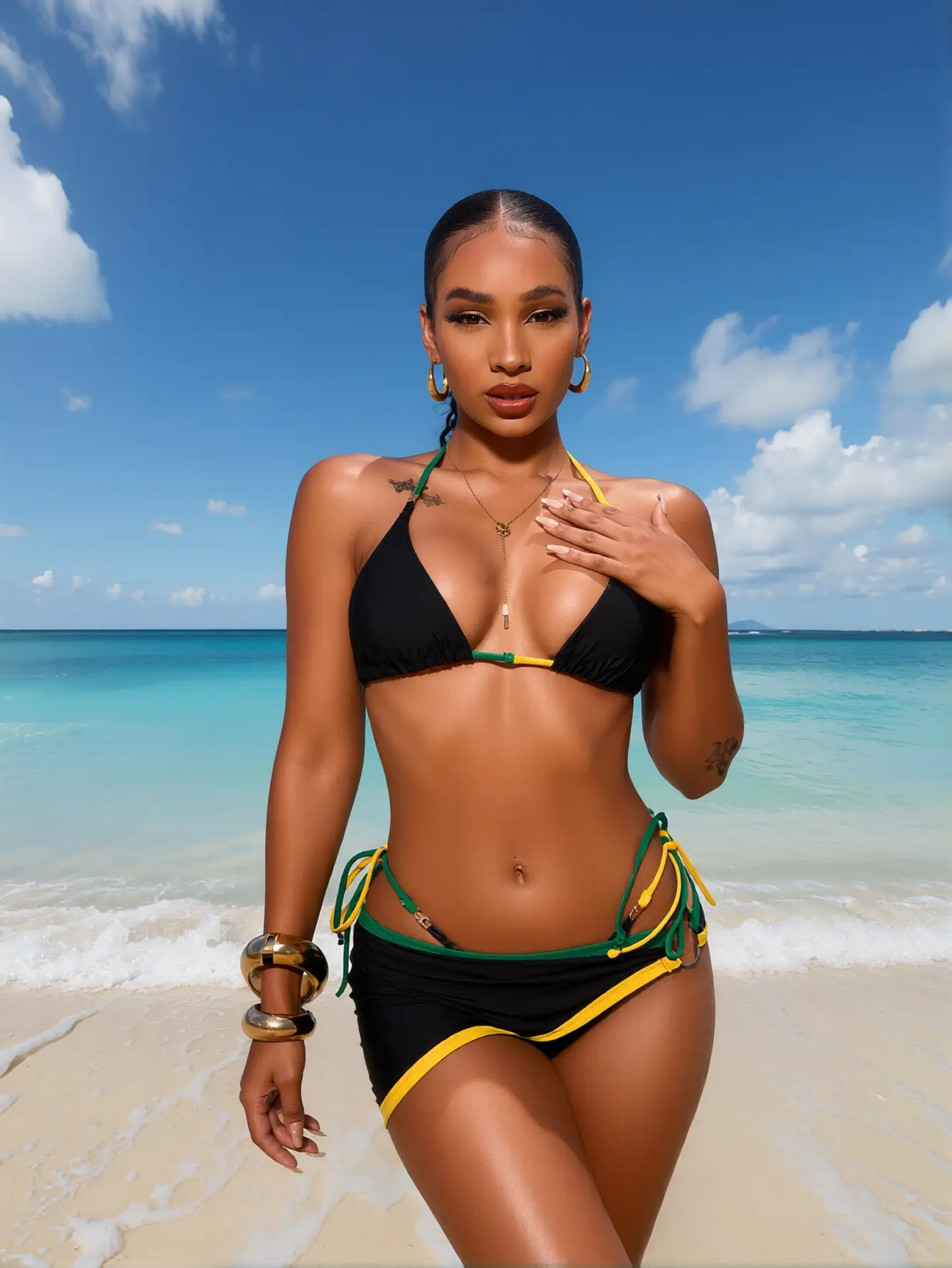XJN 3 Piece Color Block Bikini Set with Skirt - Black Green Yellow Halter Triangle Top & Tie Side Bottom Adjustable Halter Bikini with Skirt - Jamaica Inspired Color Block Swimsuit for Beach & Pool Viral 3 Piece Jamaica Style Bikini