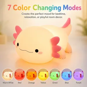 Cute Axolotl Night Light, 7-Color Changing LED Kawaii Lamp, USB Rechargeable Silicone Bedside Light with Tap Control, 3 Brightness Modes & 30-Min Timer, Soft Glow Nursery Desk Decor Gift for Kids Girls