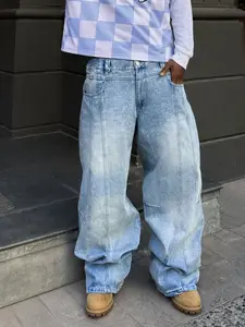 Loose Fit Wide Leg Jeans with Patch Design, Light Wash Denim Jeans, Fashionable Y2K Hip Hop Style, Perfect Gift for Boyfriend or Husband