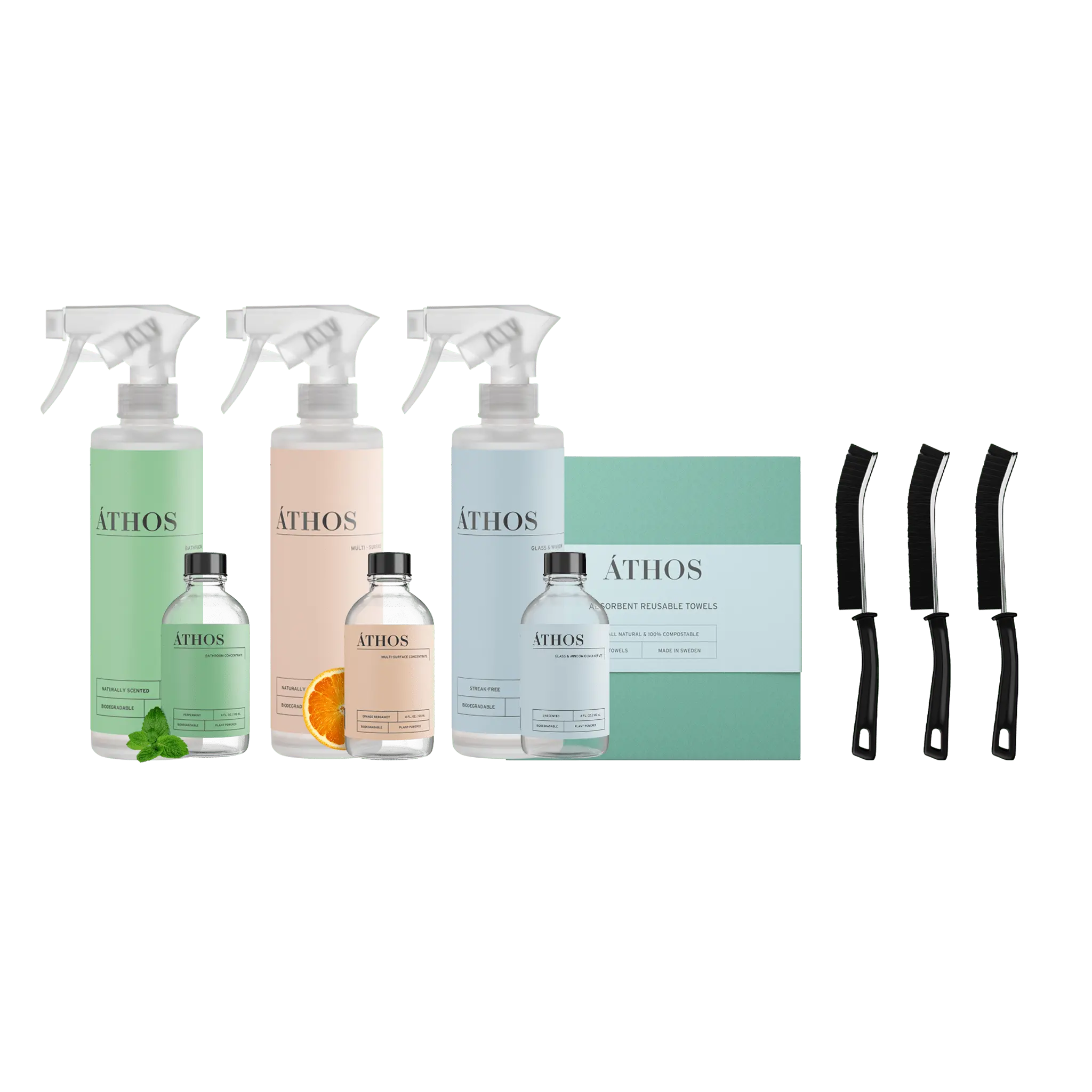 ÁTHOS Premium Starter Bundle | Makes 12 Bottles | 3 Concentrates + 3 Reusable Bottles + Towels + Brushes | Plant-Based & Non-Toxic | Eco-Friendly Cleaning Kit for Bathroom, Multi-Surface & Glass | Tough on Grime, Safe on Surfaces