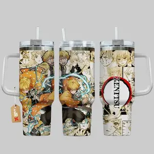 Zenitsu Agatsuma Thunder Breathing Anime 40oz Tumbler with Handle, Yellow Lightning Aesthetic Cup, Demon Slayer Manga Fan Gift, Cute Crybaby Swordsman Stainless Steel Insulated Travel Mug
