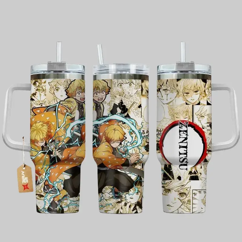 Zenitsu Agatsuma Thunder Breathing Anime 40oz Tumbler with Handle, Yellow Lightning Aesthetic Cup, Demon Slayer Manga Fan Gift, Cute Crybaby Swordsman Stainless Steel Insulated Travel Mug