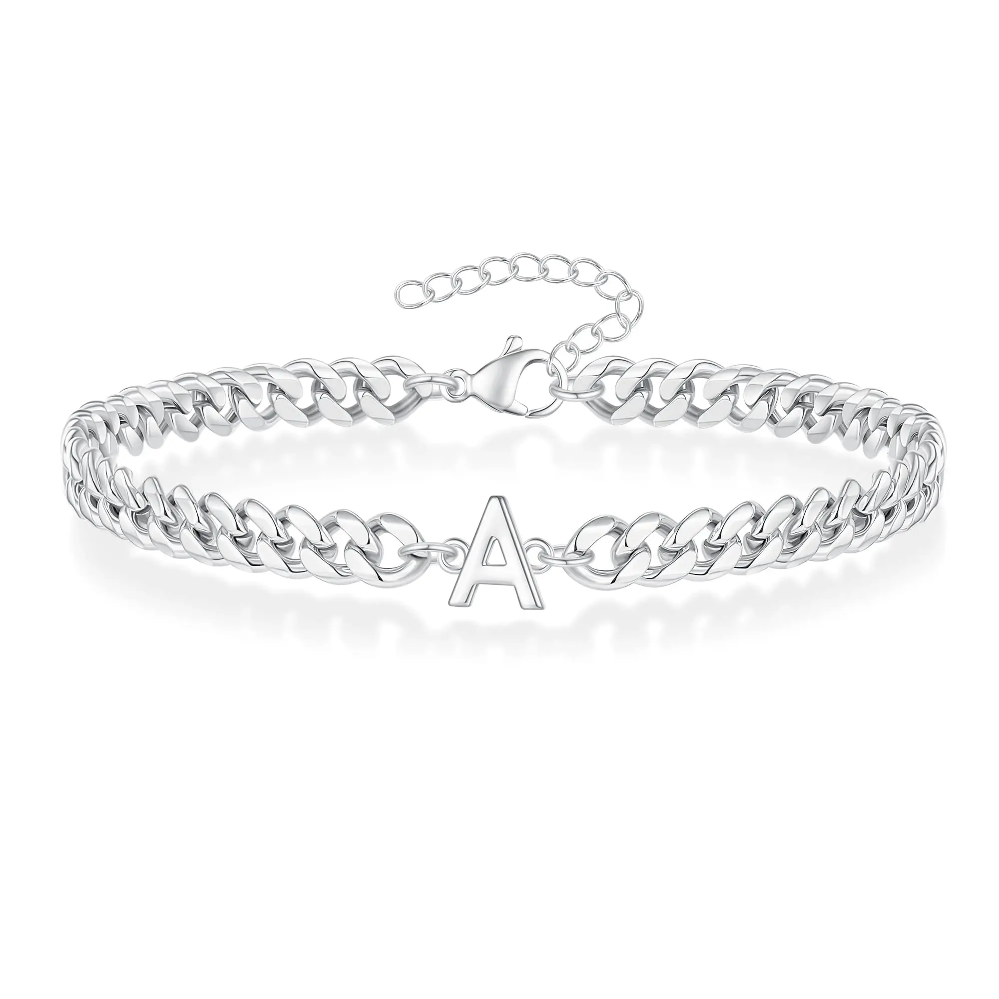 Initial Bracelet for Men Silver Adjustable Initial Bracelet for Mens Jewelry, Adjustable Cuban Link Chain Bracelet for Boyfriend Fathe