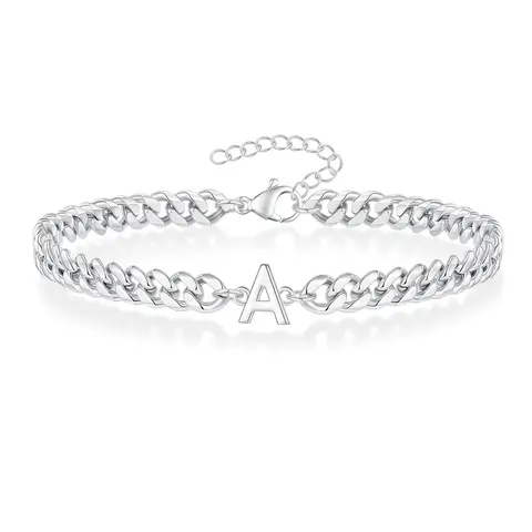 Men's Silver Adjustable Stainless Steel Initial Cuban Link Bracelet - Classic Letter Bold Style, 7.8"+2" Extension, Fade-Resist Shine Casual Bangle, Costume Jewelry Accessory for Boyfriend