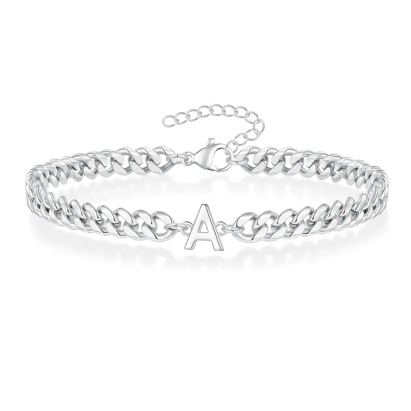 Men's Silver Adjustable Stainless Steel Initial Cuban Link Bracelet - Classic Letter Bold Style, 7.8"+2" Extension, Fade-Resist Shine Casual Bangle, Costume Jewelry Accessory for Boyfriend