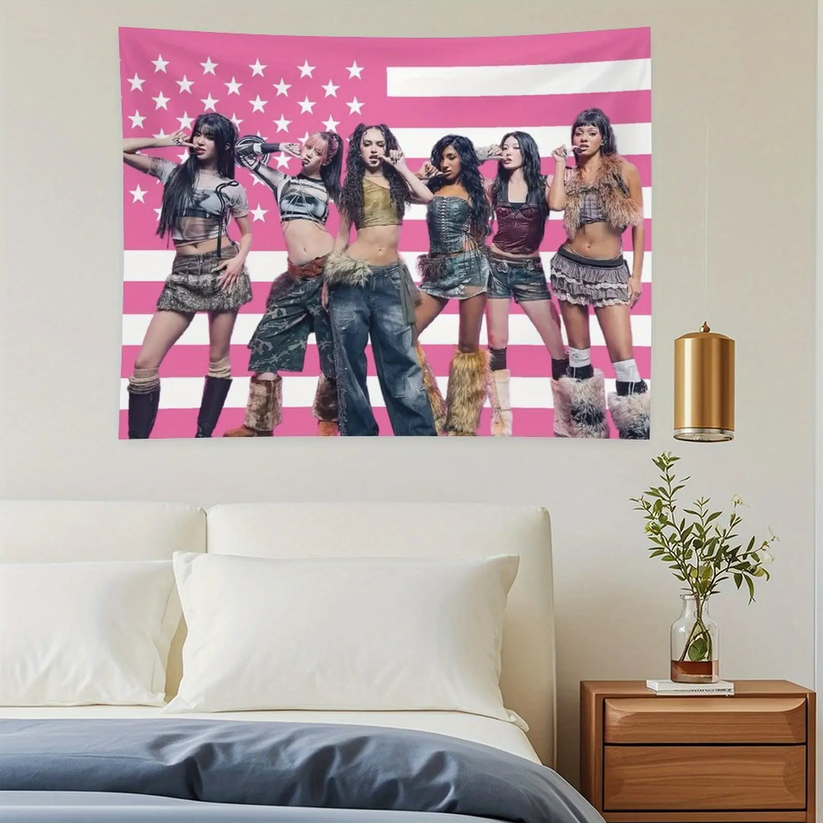 Girl Group K-Pop Inspired Flag Tapestry Poster - Vibrant Pink & Black Aesthetic Wall Hanging Banner with 5 Members, Horizontal Dorm Room Decor for Bedroom, Living Room, Party Decoration, No Electricity Needed, Perfect Gift for Fans & K-Pop Lovers