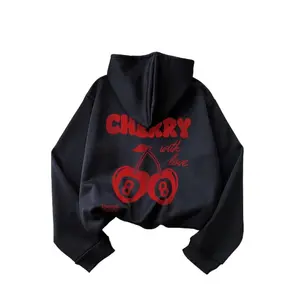 Women’s Cherry Graphic Hoodie with Letter Print, Drop Shoulder Oversized Fit, Soft Fleece Drawstring Pocket Sweatshirt for Streetwear, Daily Casual, Fall Winter Outdoor Wear