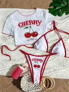 Women's Vibrant Cherry Print Bikini Set, Adjustable Bikini Top, Three-Piece Swimsuit with Adjustable Straps, Stylish Swimwear for Women, Perfect for Beach & Pool