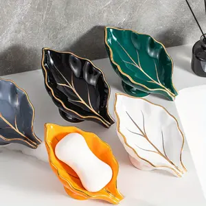 Creative Leaf-Shaped Soap Dish, No Drilling Wall-Mounted, High-End Soap Box, European-Style Light Luxury Ceramic Draining Soap Holder