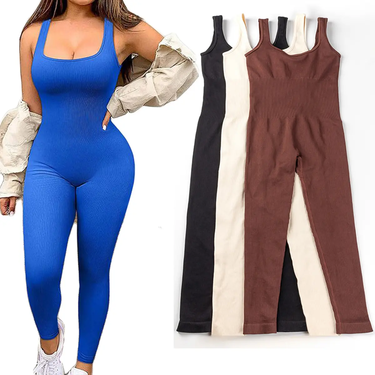 Women's Solid Color Sleeveless Square Neck Fitted Backless Bodycon Stretch Jersey Overalls - Hip-Lift Slim-Fit Workout Jumpsuit for Yoga, Gym, Spring Summer Activewear, Fitted Backless Overalls