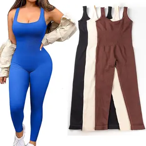 Women's Solid Color Sleeveless Vest Jumpsuit Thread Square Neck Backless Hip Lift Slim Fit Sports Jumpsuit Gymwear Stretchable Activewear Spring Summer Workout Apparel