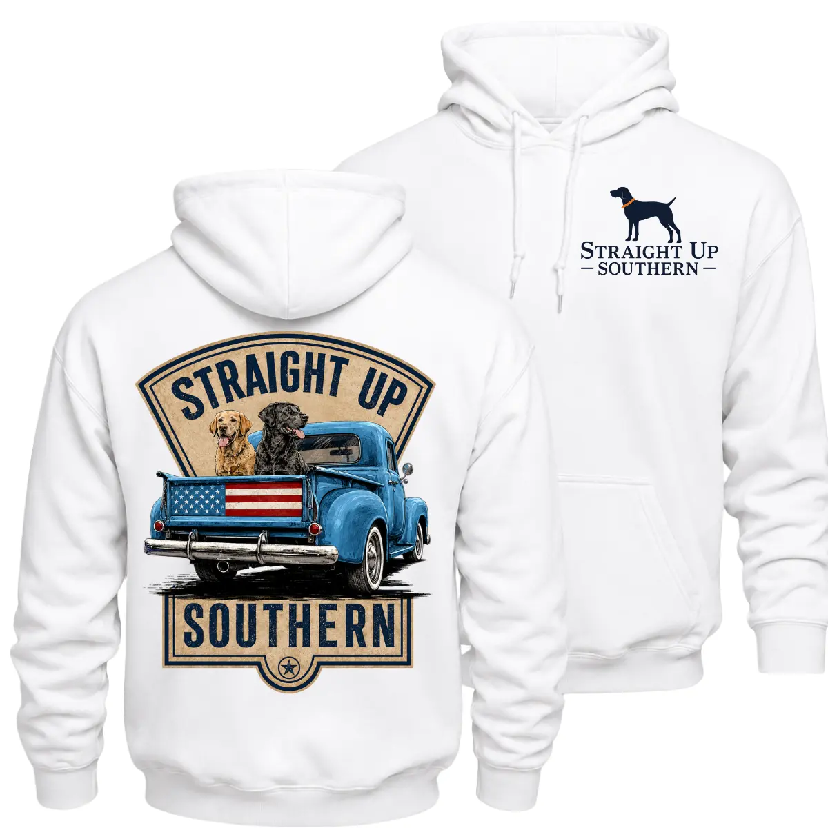 Straight Up Southern Dog Pullover Hoodie, Vintage Blue Farm Truck Graphic Sweatshirt, American Flag Labrador Retriever Artwork, Front Chest And Large Back Print Hoodie, Country 4th Of July Gift For Dog Lovers Men And Women