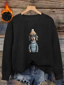Cute Sausage Dog Print Faux Fur Round Neck Top, Soft Plush Feel, Casual Loose Fit, Comfortable Fashion Piece for Fall & Winter