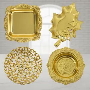 12 PCS Gold Plastic Mini Pastry Trays 4 Unique Designs for Elegant Dessert Presentation Versatile Stylish Gold Color Trays for Mini Desserts