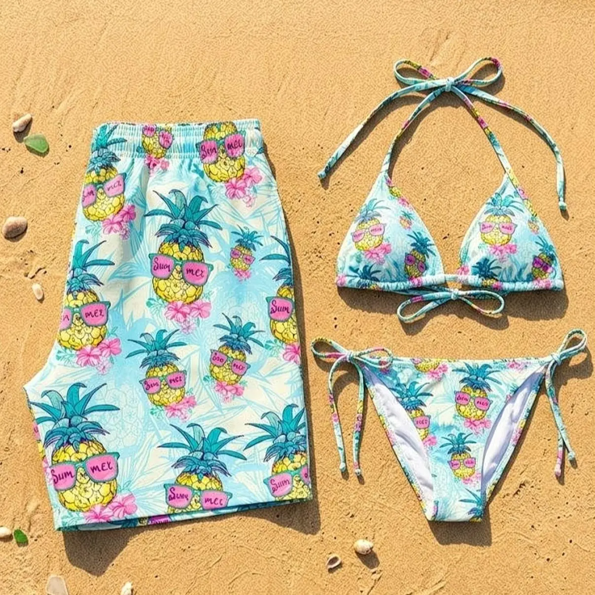 Matching Couple Swimwear Tropical Pineapple Print Happy Holiday Set Unique Anniversary Gift Bikini Shorts Two-Piece Set