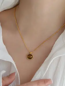 1pc Fashionable Exquisite Light Luxury Oval Pendant Necklace | Tiger's Eye Teardrop Pendant, Bohemian Style, 18K Golden Plated, Daily Wear Necklace, Suitable for Men And Women Couple Gifts