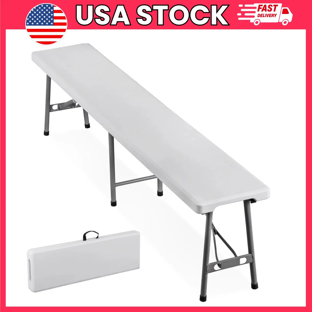 Folding Bench 6 ft, Portable Plastic Outdoor Bench, Heavy-Duty Foldable Seating with Carry Handle, Weather-Resistant Bench for Garden, Picnic, Camping, Party & Events, White | foldable bench, event seating, picnic bench, garden bench, camping bench