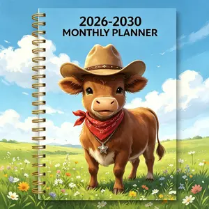 January 2026 - December 2030, 5-year monthly planner, Highland Cow themed cover design notebook, yearly calendar planning, monthly tabs, 60-month calendar, 5.5 inches x 8.3 inches, 71 sheets/142 pages of thickened paper, elastic cover, durable twin-wire s