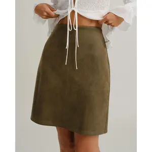 rihoas Women's High-Waisted Solid Green Suede Straight Mini Skirt - Spandex and Polyester Fabric Bottom with Retro Slit
