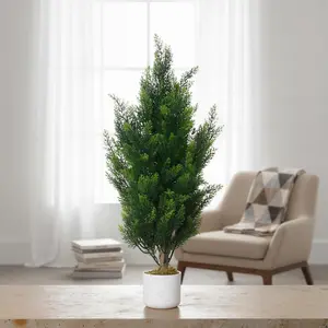 3 ft Artificial Cedar Trees Set of 2, Evergreen Fake Pine Topiary with Pot, No Assembly Required, Outdoor Decorative Faux Plants for Entryway, Front Porch, Office