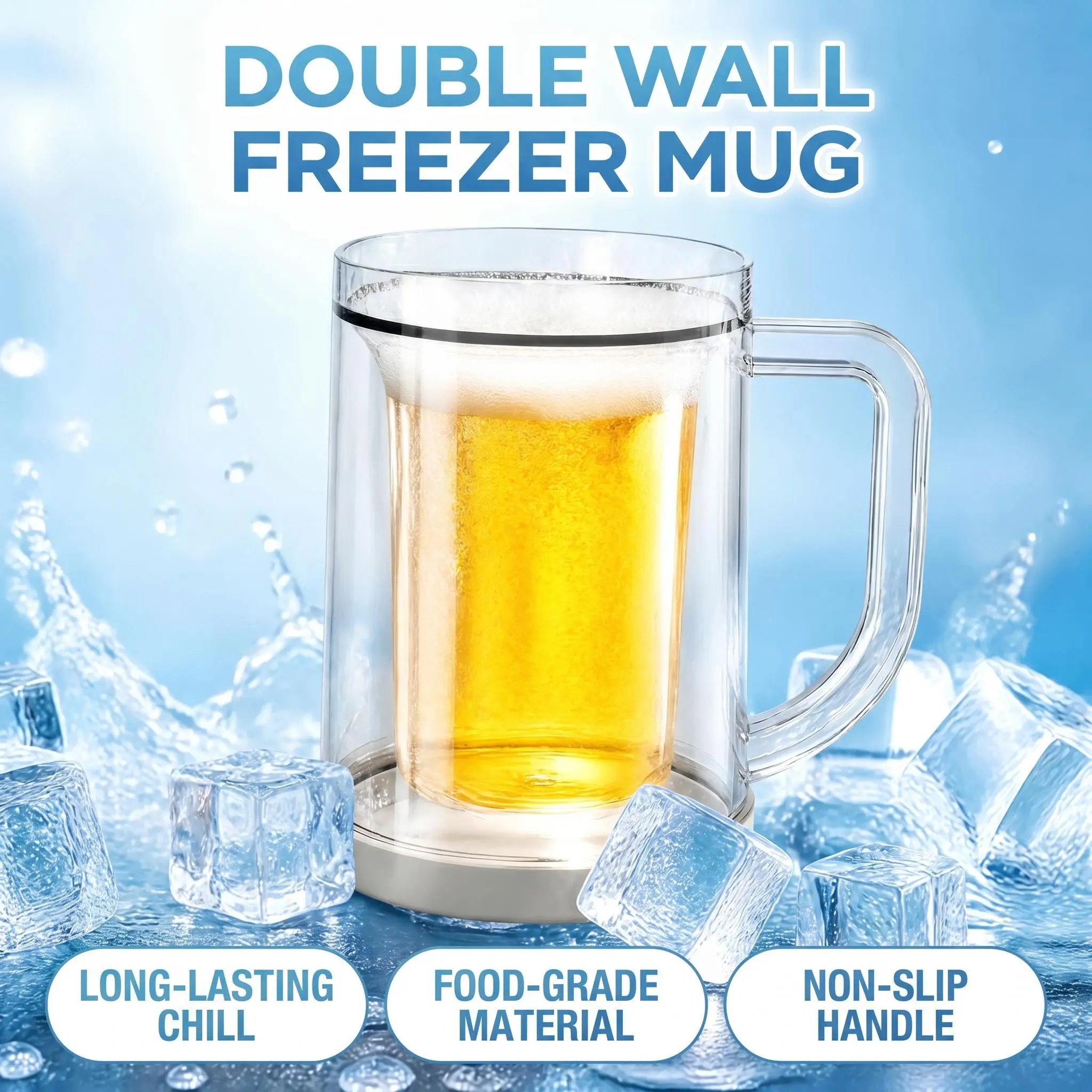330ml Double Wall Freezer Chilling Mug, Food-Grade Transparent Freezable Beer Cup with Non-Slip Base & Thick Handle, Perfect for Backyard Party Camping Picnic Family Dinner