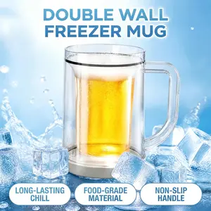 330ml Double Wall Freezer Chilling Mug, Food-Grade Transparent Freezable Beer Cup with Non-Slip Base & Thick Handle, Perfect for Backyard Party Camping Picnic Family Dinner