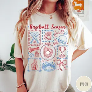 Comfort Colors® Baseball Season T-shirt Preppy Baseball Shirt Game Day Tee Coquette Baseball Mom Tshirt Baseball Doodles Tee