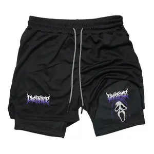 Men's 2-in-1 Double Layer Drawstring Workout Shorts, Ghostface Scream Horror Movie Print Stretchy Athletic Gym Shorts with Built-in Liner & Pockets, Quick Dry Training Shorts for Halloween & Horror Fans